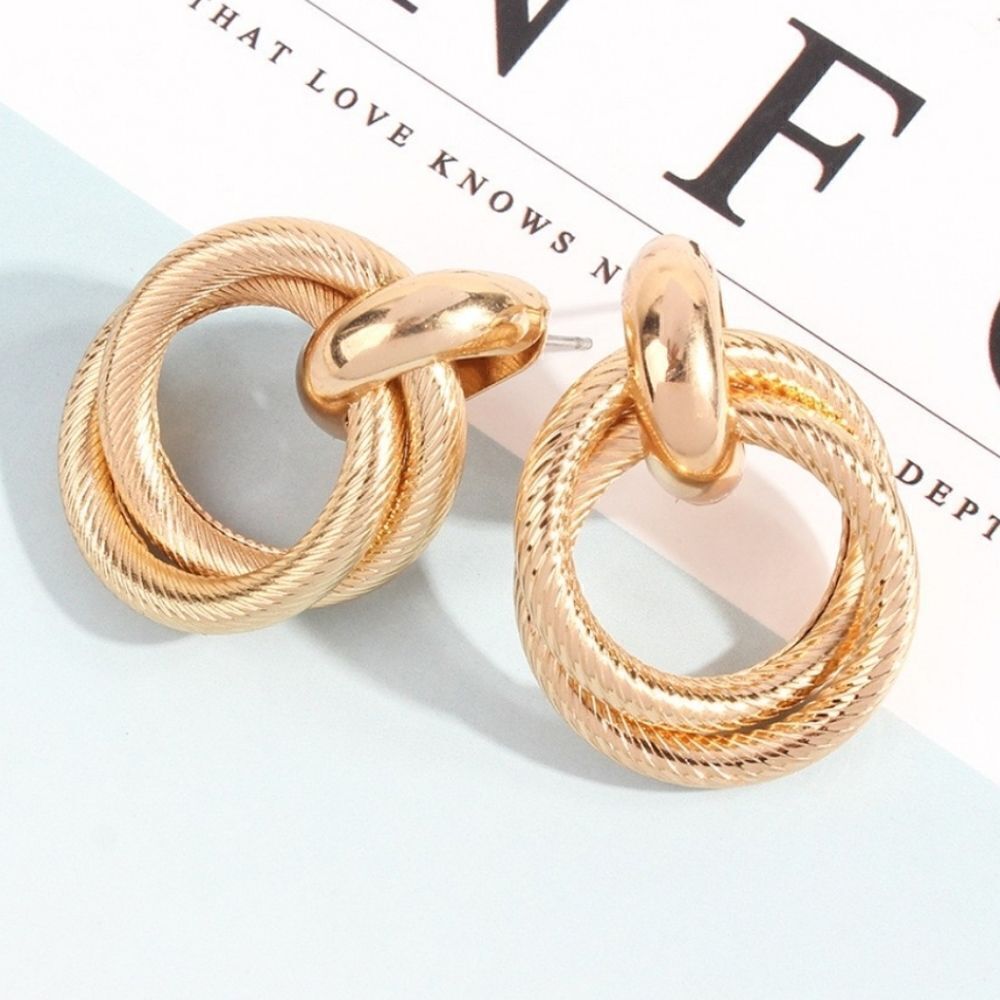 NEW TEXTURED GOLD DOUBLE CIRCLE STUD EARRINGS